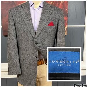 Vintage Town Craft Tweed Blazer Jacket Sport Coat Mens 44R Wool Herringbone Gray